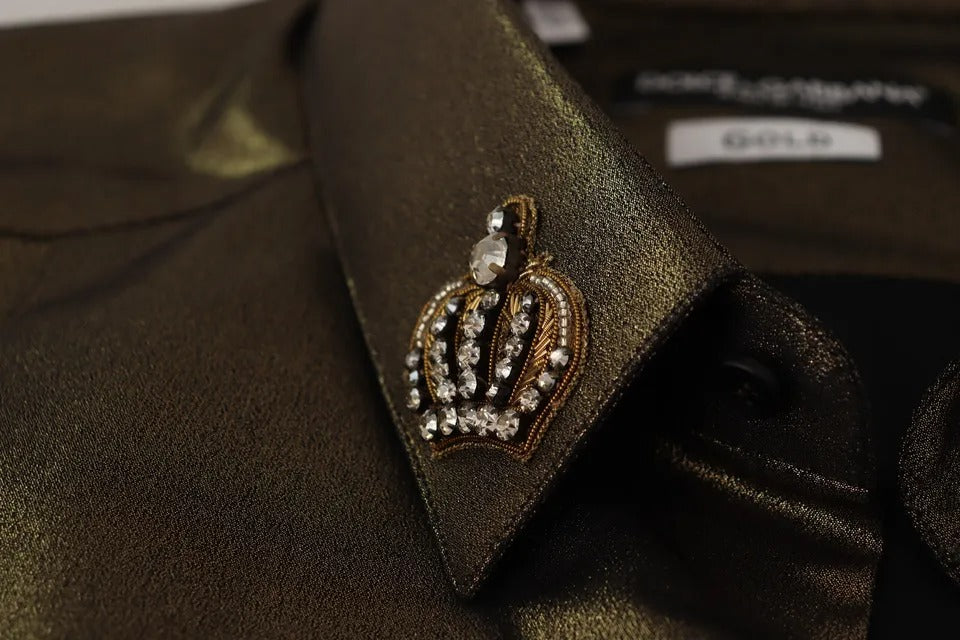 Dolce &amp; Gabbana – Seidenoberhemd mit DG-Kronenstickerei in Metallic-Gold