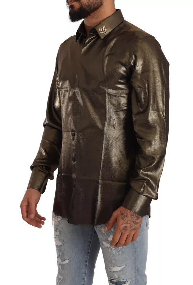 Dolce &amp; Gabbana – Seidenoberhemd mit DG-Kronenstickerei in Metallic-Gold