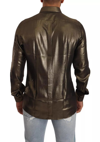 Dolce &amp; Gabbana – Seidenoberhemd mit DG-Kronenstickerei in Metallic-Gold