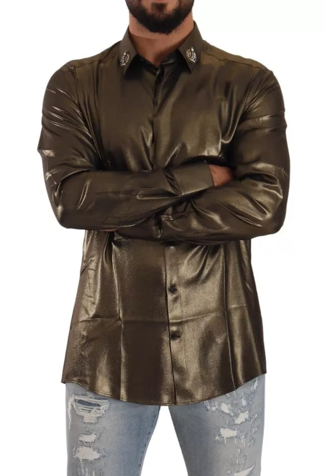 Dolce &amp; Gabbana – Seidenoberhemd mit DG-Kronenstickerei in Metallic-Gold