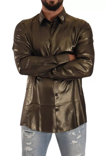 Dolce &amp; Gabbana – Seidenoberhemd mit DG-Kronenstickerei in Metallic-Gold