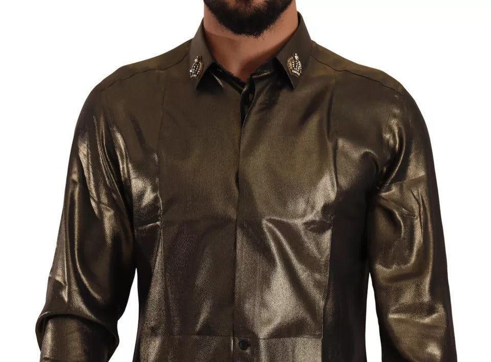 Dolce &amp; Gabbana – Seidenoberhemd mit DG-Kronenstickerei in Metallic-Gold