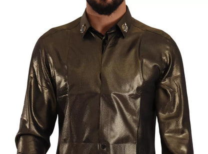 Dolce &amp; Gabbana – Seidenoberhemd mit DG-Kronenstickerei in Metallic-Gold