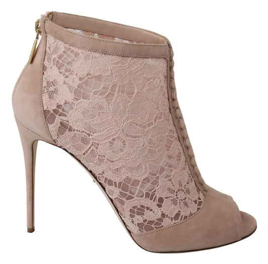Dolce &amp; Gabbana Beige Spitze Wildleder Peep Toe Ankle Boots Schuhe