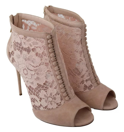 Dolce &amp; Gabbana Beige Spitze Wildleder Peep Toe Ankle Boots Schuhe