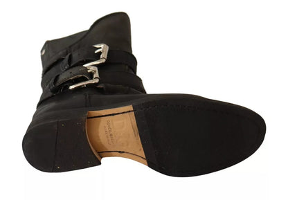 Dolce &amp; Gabbana – Wadenhohe Stiefel aus schwarzem Leder mit Schnalle