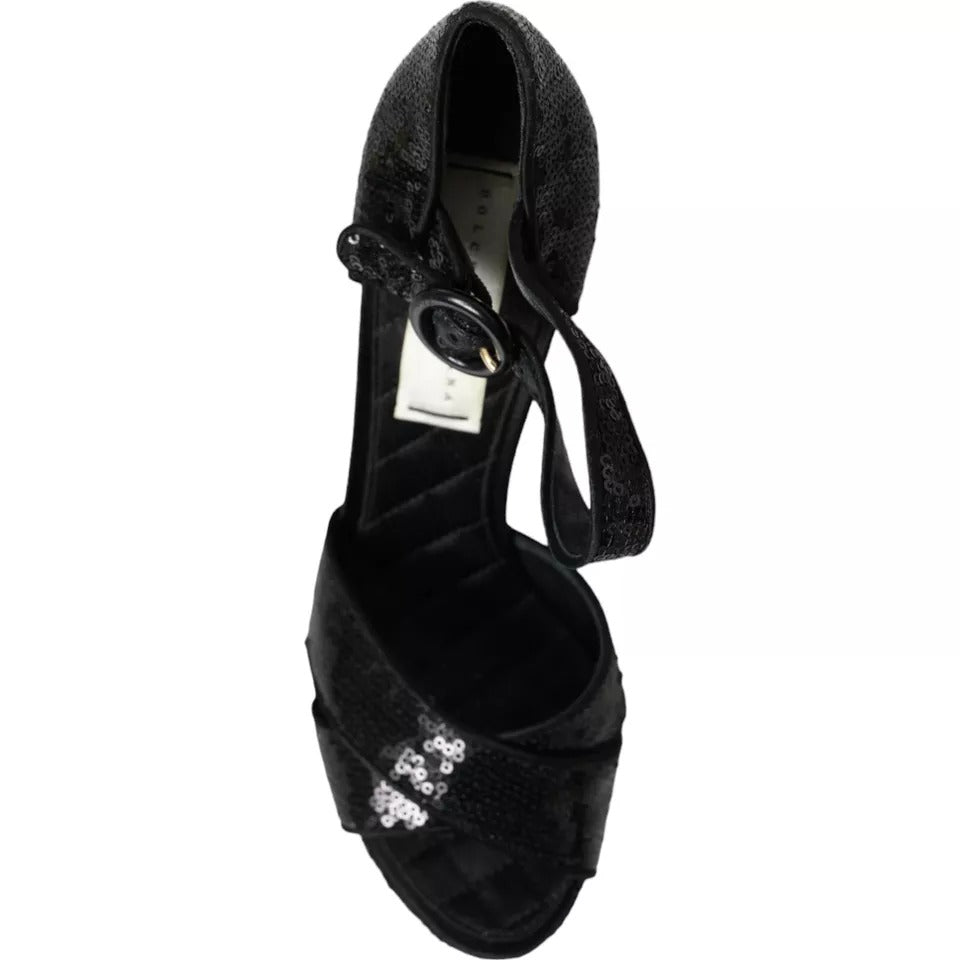 Dolce &amp; Gabbana Schwarze Pailletten Knöchelriemen Heels Sandalen Schuhe