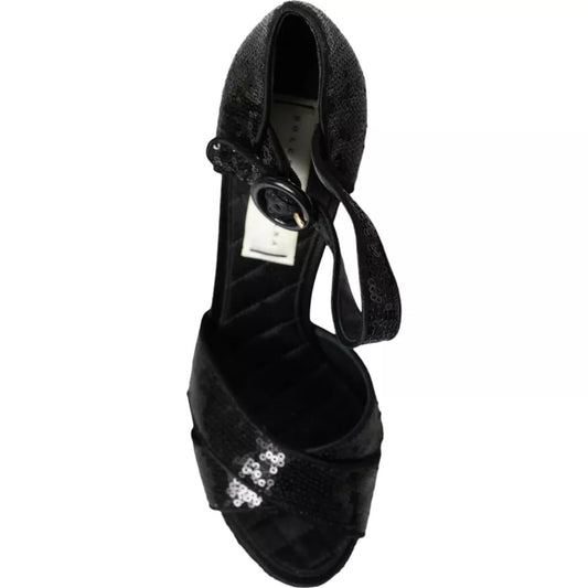 Dolce &amp; Gabbana Schwarze Pailletten Knöchelriemen Heels Sandalen Schuhe