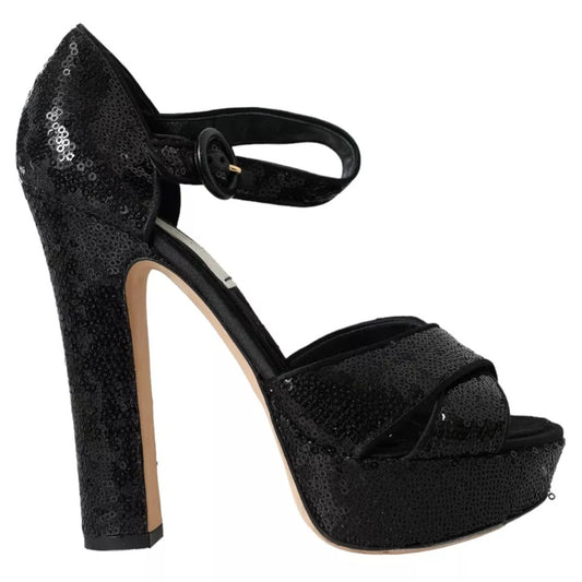 Dolce &amp; Gabbana Schwarze Pailletten Knöchelriemen Heels Sandalen Schuhe