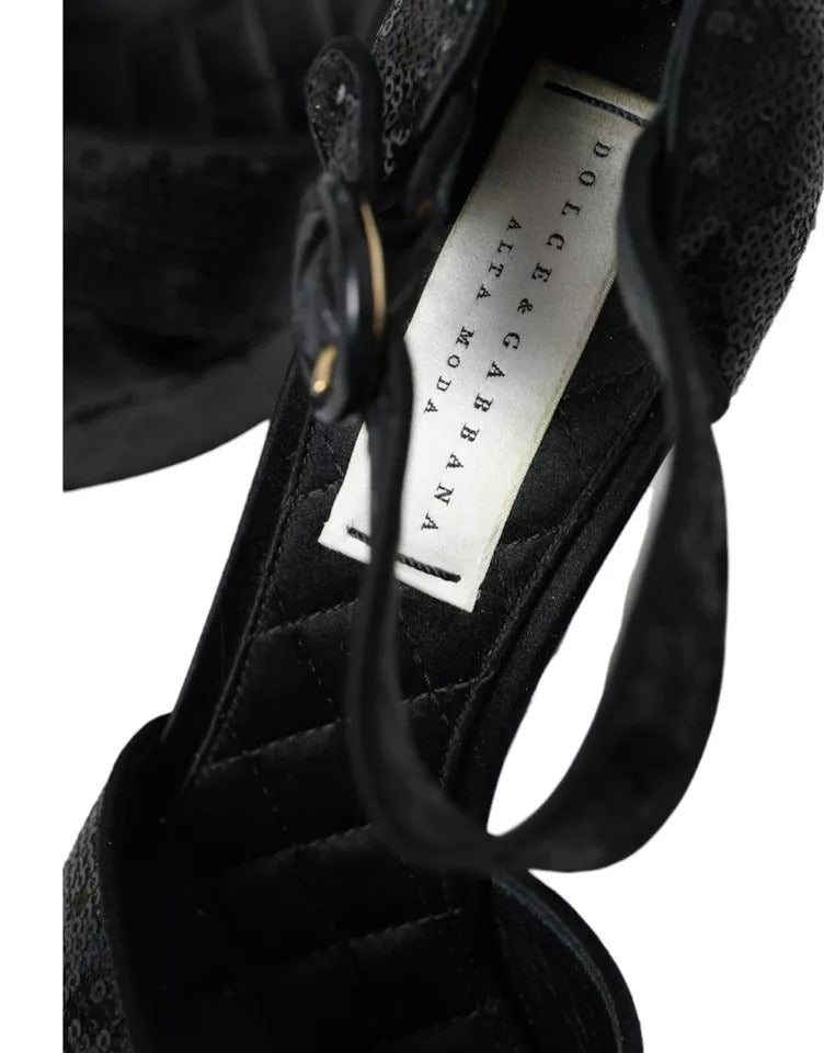 Dolce &amp; Gabbana Schwarze Pailletten Knöchelriemen Heels Sandalen Schuhe