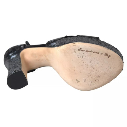 Dolce &amp; Gabbana Schwarze Pailletten Knöchelriemen Heels Sandalen Schuhe