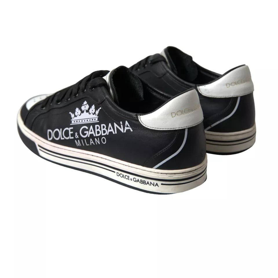 Dolce &amp; Gabbana Schwarzes Leder Crown Milano Herren Sneakers Schuhe