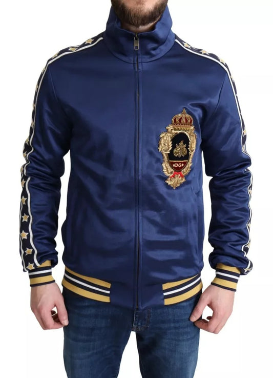 Dolce & Gabbana Blauer Pullover mit gestreiftem King Bee-Aufnäher und heraldischem Patch