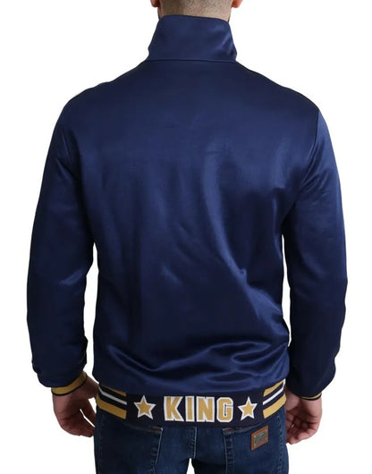 Dolce &amp; Gabbana Blauer Pullover mit gestreiftem King Bee-Aufnäher und heraldischem Patch