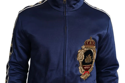 Dolce &amp; Gabbana Blauer Pullover mit gestreiftem King Bee-Aufnäher und heraldischem Patch