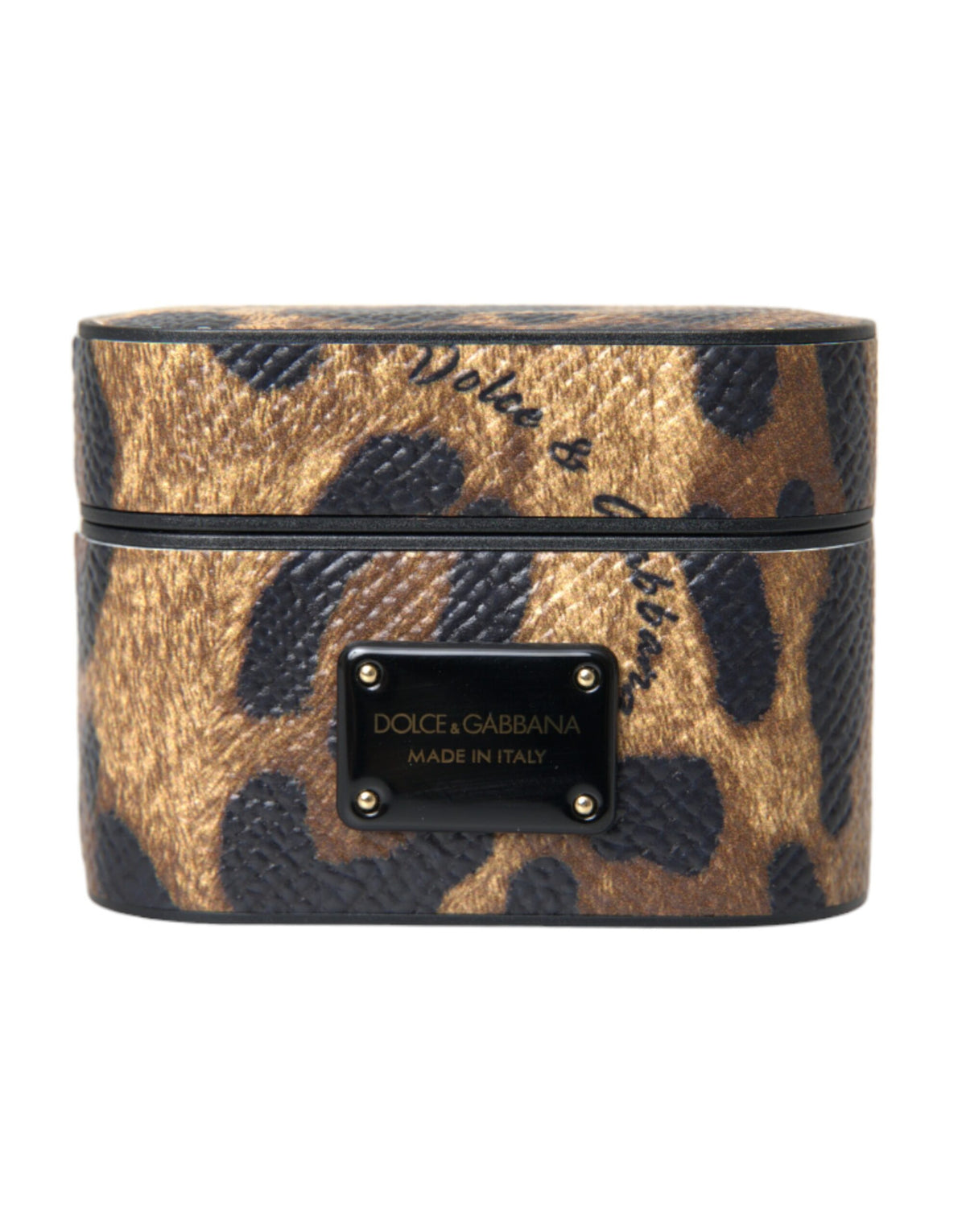 Dolce &amp; Gabbana – Airpods-Hülle aus braunem Kalbsleder mit Leopardenmuster und Metall-Logoplakette