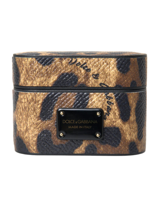 Dolce &amp; Gabbana – Airpods-Hülle aus braunem Kalbsleder mit Leopardenmuster und Metall-Logoplakette