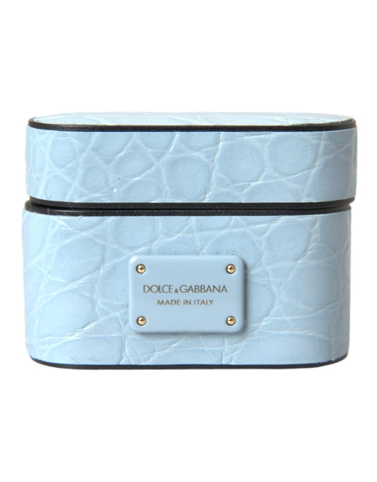 Dolce &amp; Gabbana – Airpods-Hülle aus hellblauem Leder mit Metall-Logo