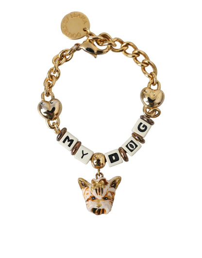 Dolce &amp; Gabbana – Goldfarbenes Messingkettenarmband „MY DOG“ mit Herzmotiv