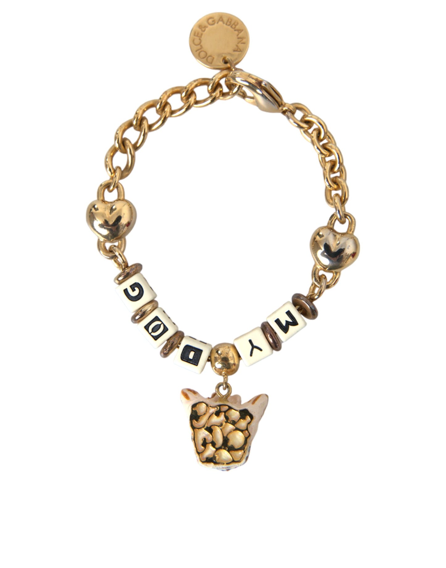 Dolce &amp; Gabbana – Goldfarbenes Messingkettenarmband „MY DOG“ mit Herzmotiv