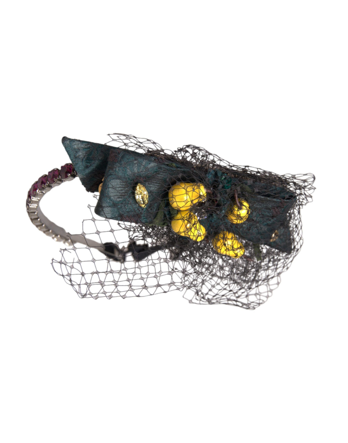 Dolce &amp; Gabbana Schwarze Zitronen Sizilien Lila Kristallnetz Stirnband Diadem