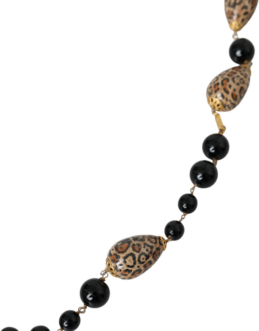 Dolce &amp; Gabbana – Lange Halskette aus goldfarbenem Messing mit schwarzen Perlen