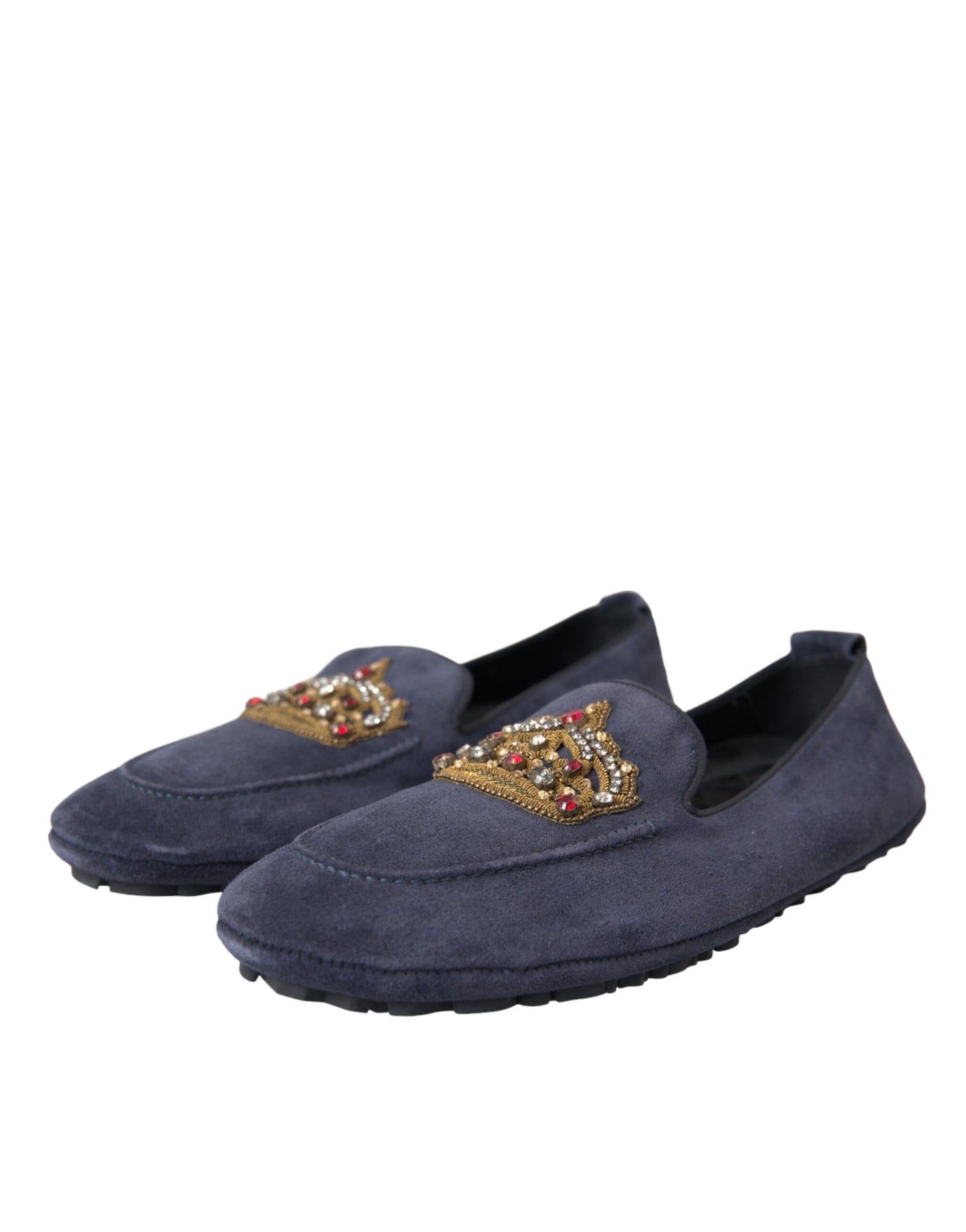 Dolce &amp; Gabbana – Loafer-Schuhe aus blauem Wildleder mit Kristallkrone