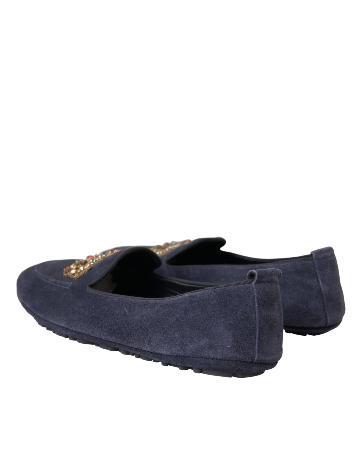 Dolce &amp; Gabbana – Loafer-Schuhe aus blauem Wildleder mit Kristallkrone