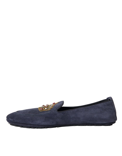 Dolce &amp; Gabbana – Loafer-Schuhe aus blauem Wildleder mit Kristallkrone