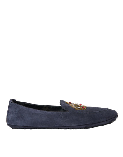 Dolce &amp; Gabbana – Loafer-Schuhe aus blauem Wildleder mit Kristallkrone