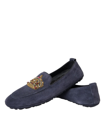 Dolce &amp; Gabbana – Loafer-Schuhe aus blauem Wildleder mit Kristallkrone