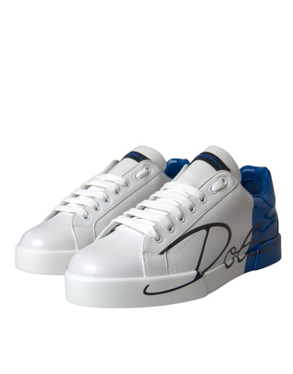 Dolce &amp; Gabbana Weiß Blau Leder Logo Low Top Sneakers Schuhe