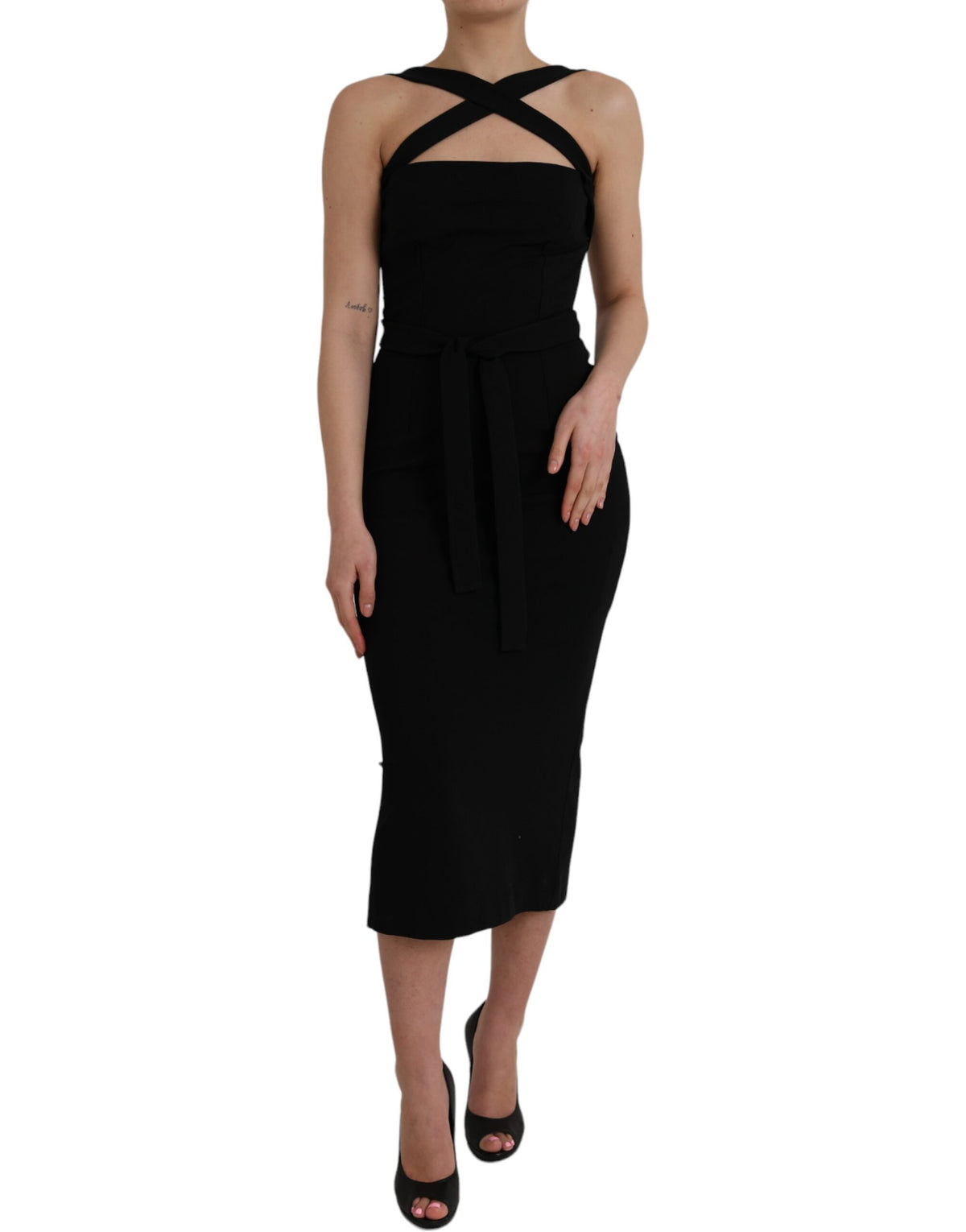 Dolce &amp; Gabbana – Schwarzes, ärmelloses Midikleid mit Neckholder