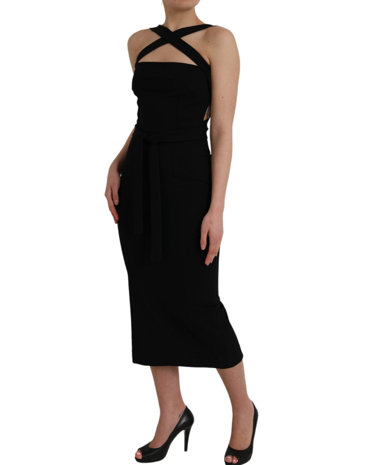 Dolce &amp; Gabbana – Schwarzes, ärmelloses Midikleid mit Neckholder