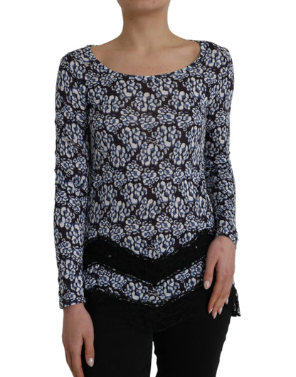 Just Cavalli – Blaue Bluse mit Blumenspitze und langen Ärmeln