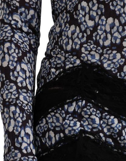 Just Cavalli – Blaue Bluse mit Blumenspitze und langen Ärmeln