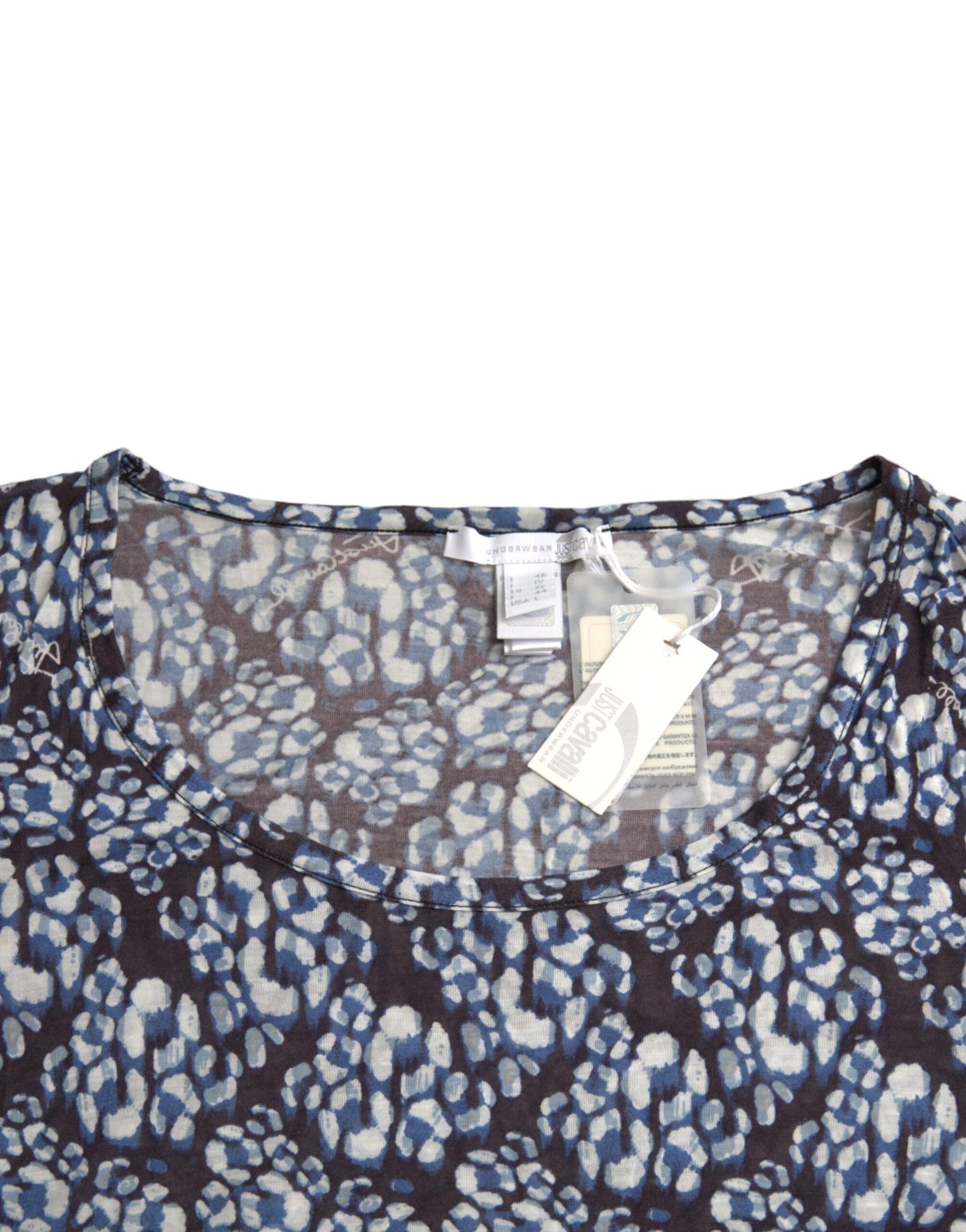 Just Cavalli – Blaue Bluse mit Blumenspitze und langen Ärmeln