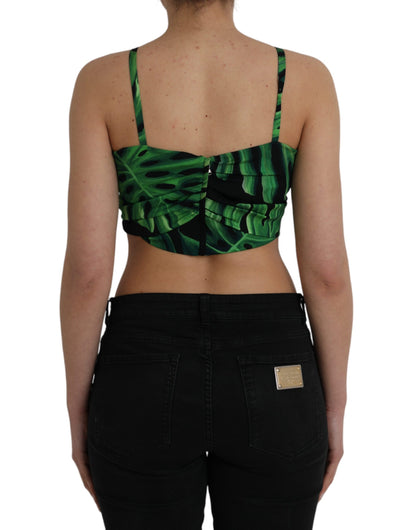 Dolce &amp; Gabbana – Neckholder-Crop-Top aus Seide mit schwarzen und grünen Blättern