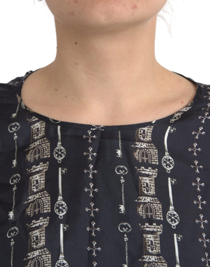 Dolce &amp; Gabbana – Schwarzes Seidenblusen-T-Shirt mit Schloss-Print