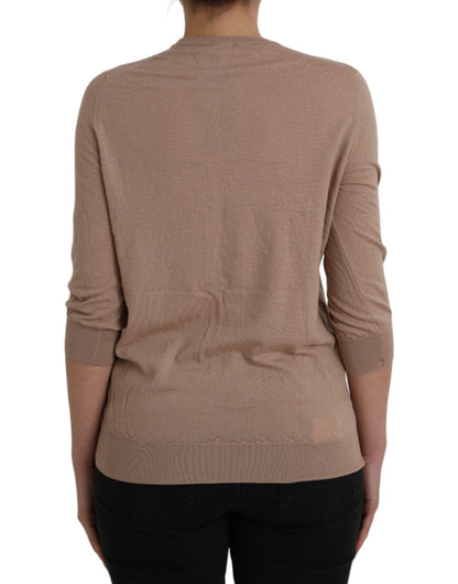 Dolce &amp; Gabbana – Blusentop aus brauner Wolle und schwarzer Spitze mit 3/4-Ärmeln