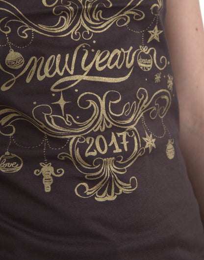 Dolce &amp; Gabbana – Braunes T-Shirt mit Rundhalsausschnitt und Motivdruck 2017