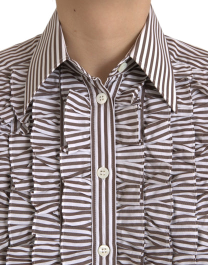 Dolce &amp; Gabbana – Langärmliges Oberteil aus Baumwolle mit weißen Streifen und Rüschenkragen