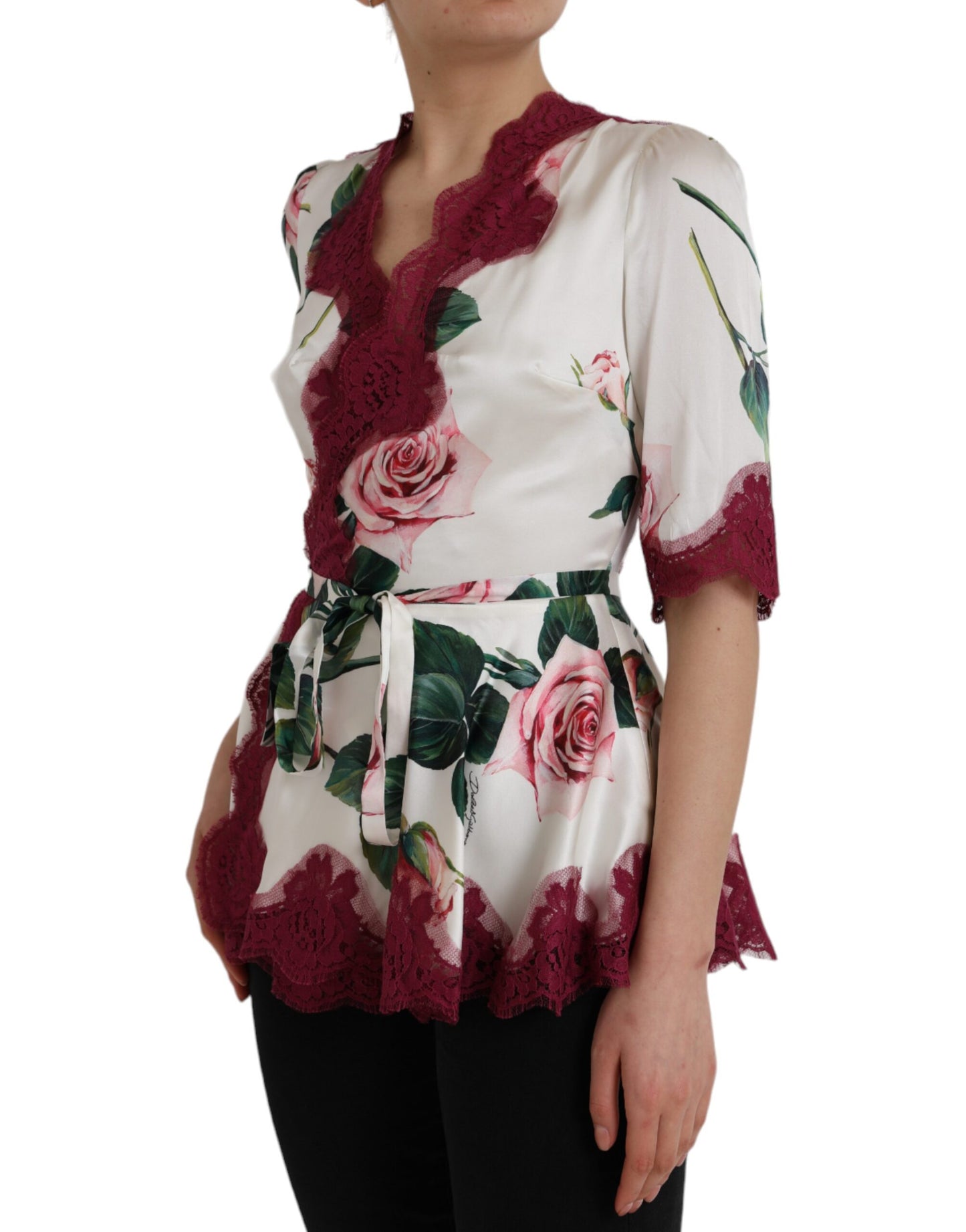 Dolce &amp; Gabbana – Weißes Seidentop mit Blumenspitze und kurzen Ärmeln