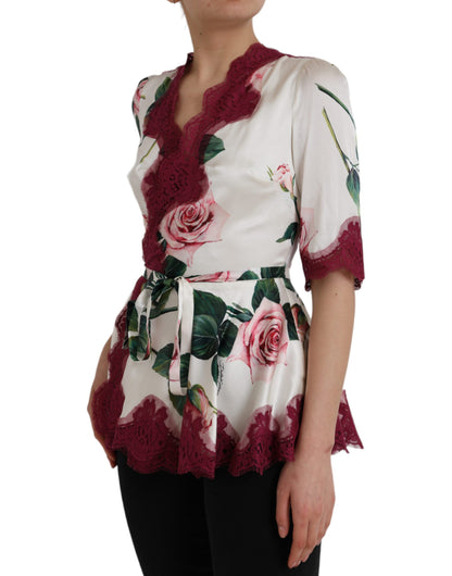 Dolce &amp; Gabbana – Weißes Seidentop mit Blumenspitze und kurzen Ärmeln