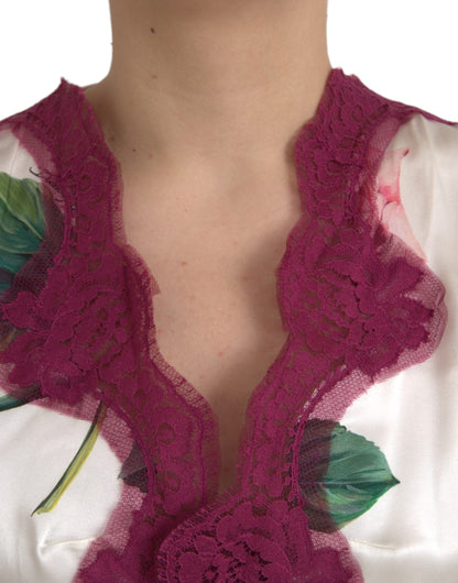 Dolce &amp; Gabbana – Weißes Seidentop mit Blumenspitze und kurzen Ärmeln