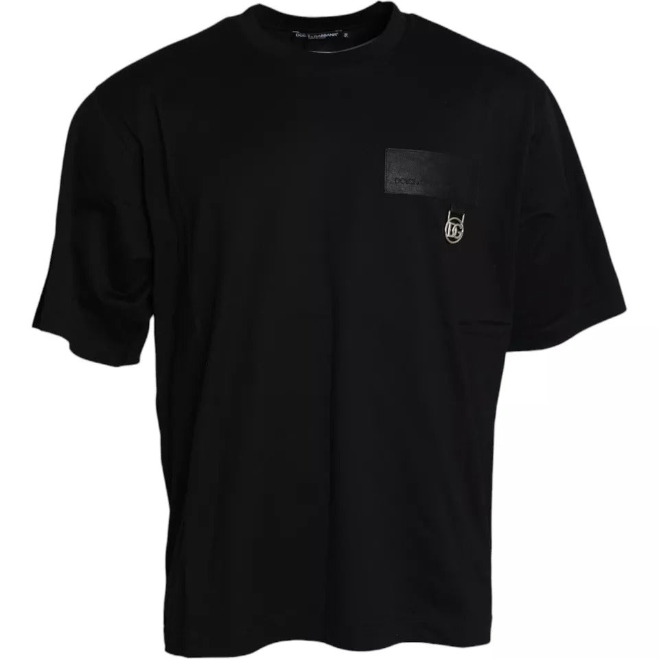 Dolce &amp; Gabbana – Schwarzes Baumwoll-T-Shirt mit Rundhalsausschnitt und Logo-Patch
