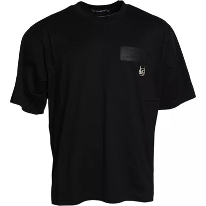 Dolce &amp; Gabbana – Schwarzes Baumwoll-T-Shirt mit Rundhalsausschnitt und Logo-Patch