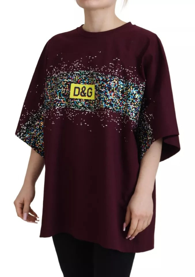 Dolce &amp; Gabbana Bordeaux D&amp;G Print Rundhals-Baumwoll-T-Shirt