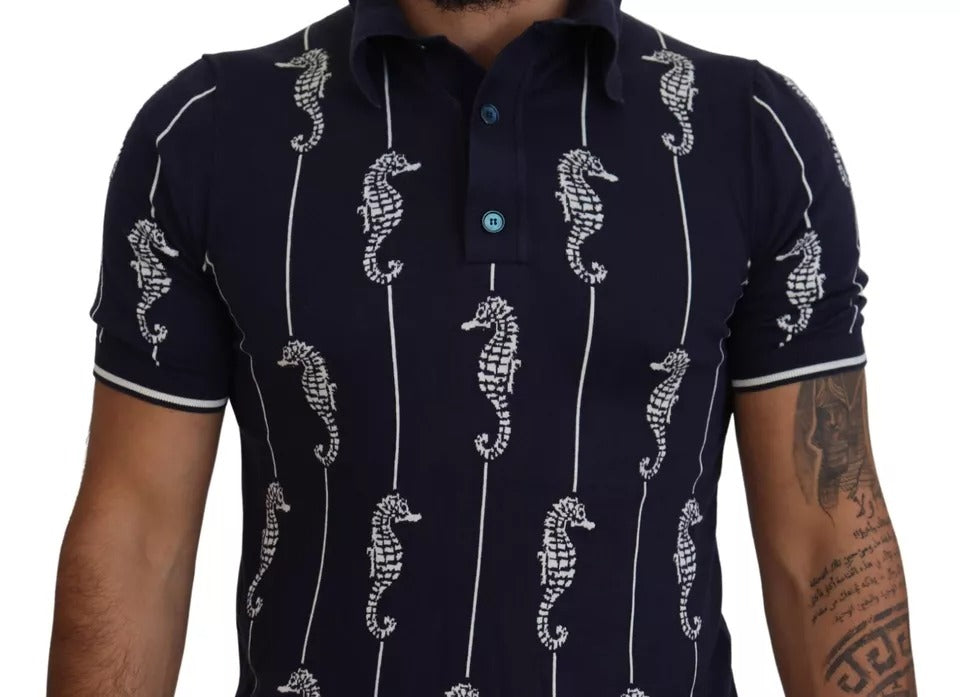 Dolce &amp; Gabbana – Dunkelblaues Poloshirt mit Seepferdchen-Kragen