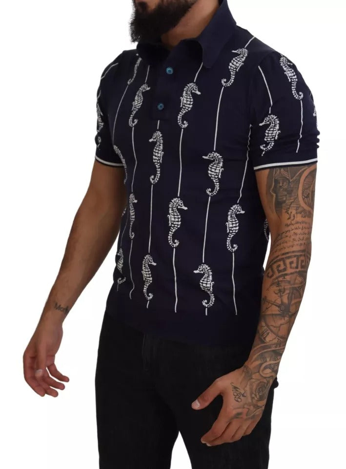 Dolce &amp; Gabbana – Dunkelblaues Poloshirt mit Seepferdchen-Kragen